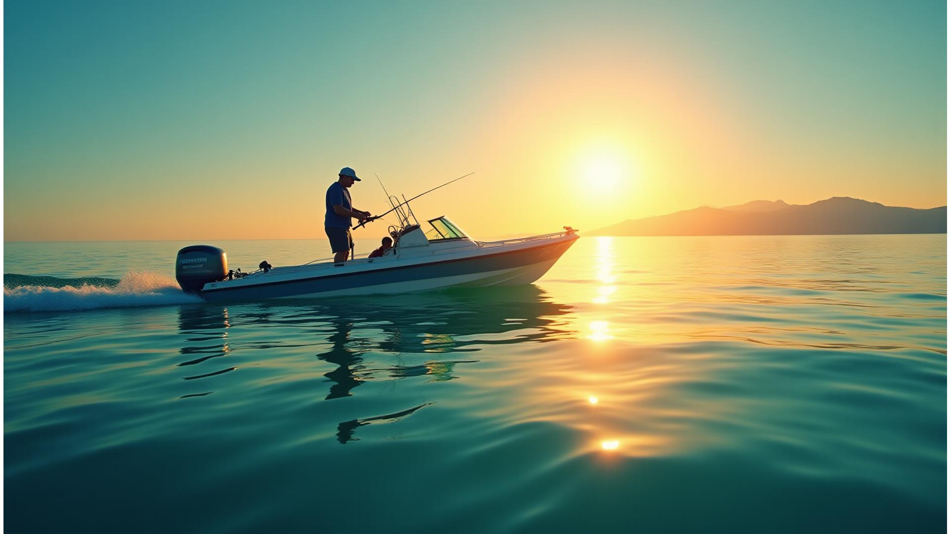 Pescador disfrutando de la pesca deportiva con equipo Mar Mayor en las costas de Valencia al amanecer