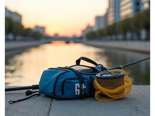 Pescador con equipo de pesca ligero en un entorno urbano, como un muelle o un canal en la ciudad de Valencia