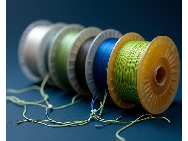 Diversos tipos de línea de pesca: monofilamento, fluorocarbono y trenzado, con diferentes bobinas de colores