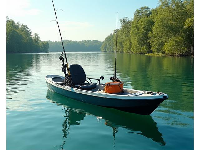 Kayak de pesca en un lago tranquilo con cañas y accesorios compactos instalados, listo para la aventura