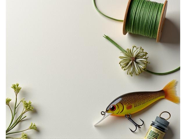 Mano sosteniendo un sedal de pesca biodegradable y un señuelo ecológico hecho de materiales vegetales