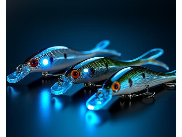 Varias muestras de señuelos de pesca inteligentes con detalles de sensores y luces LED