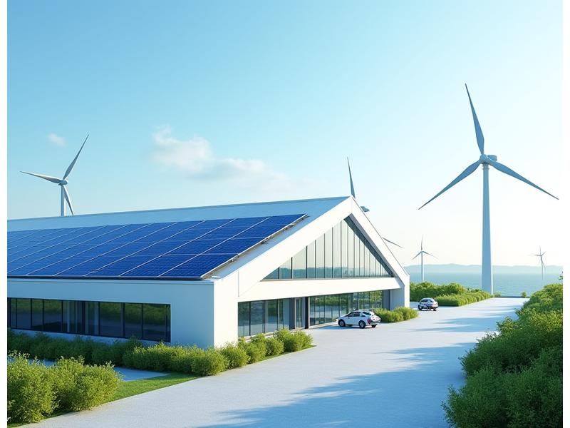 Representación de una fábrica moderna con paneles solares y turbinas eólicas en el tejado, simbolizando producción con energía renovable